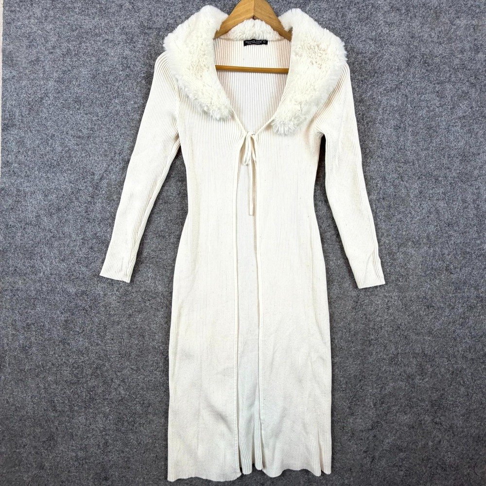 Emerson Lang Young Contemporary Duster Cardigan Sweater Women L Ivory Faux Fur